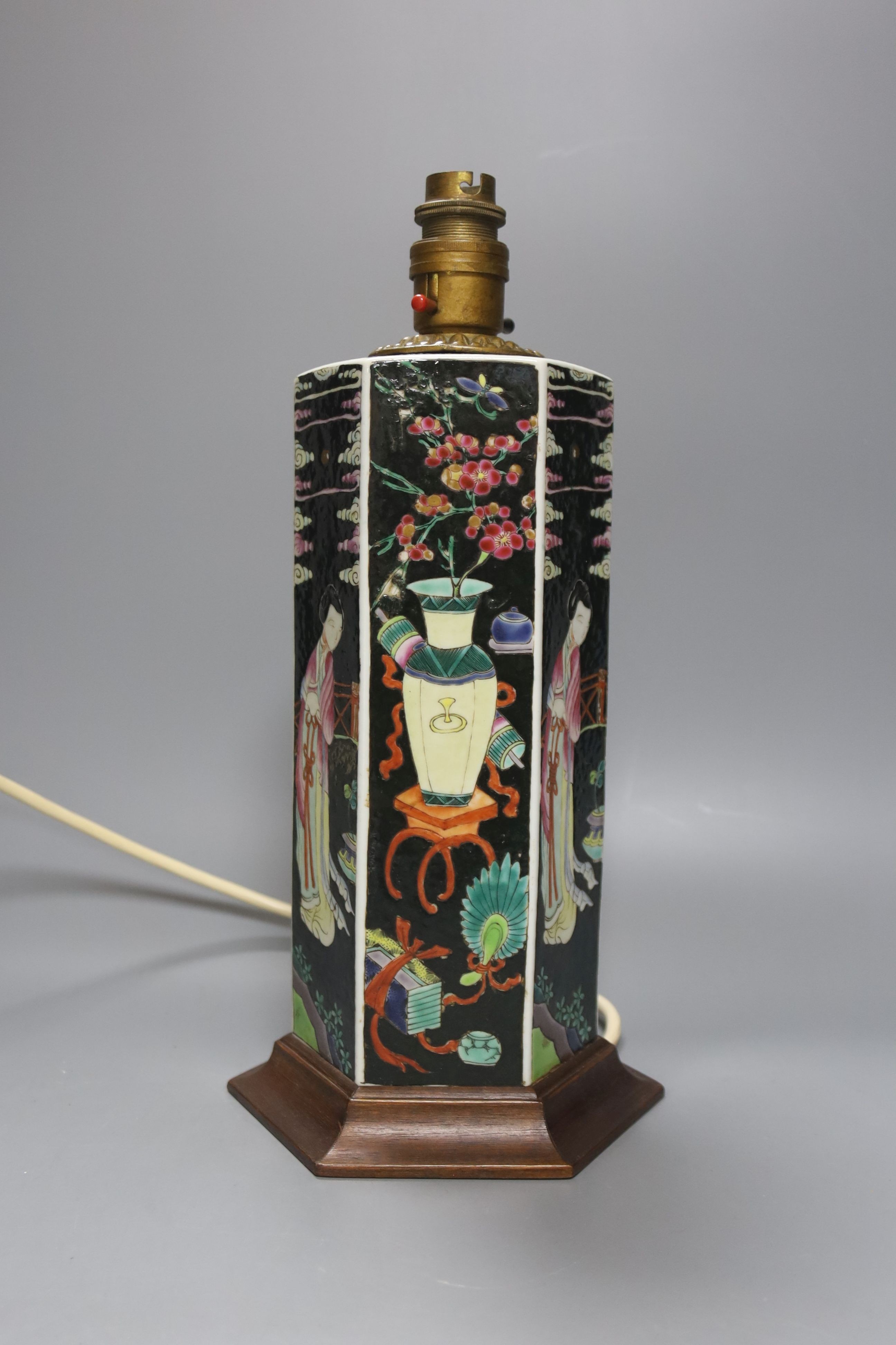 A Chinese famille noire hexagonal vase, later mounted as a lamp, total height 33.5cm